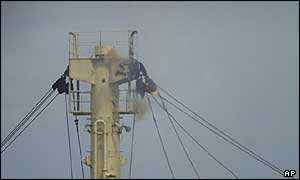 Cabling on the So San's mast on fire 