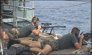 Spanish sailors point their rifles at the So San
