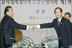 North Korean chief delegate (left) and his South Korean counterpart shake hands in Seoul