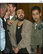 Marwan Barghouti (centre) shouts back at a heckler outside a Tel Aviv court