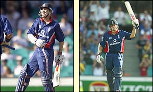 Nick Knight winces in pain and celebrates his century