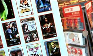 DVD covers in a shop window