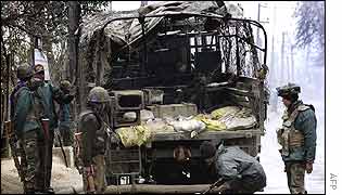Indian military vehicle damaged by cycle-bomb in Srinagar, Kashmir