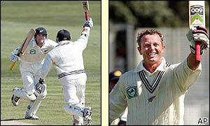 Lou Vincent and Mark Richardson (left) were at the crease at the finish and Richardson (rigfht) salutes the victory