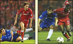 Jonathan Greening beats Frank Lampard (left) and Gianfranco Zola battles George Boateng (right)