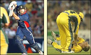 Nick Knight drives for four (left) Shane Warne falls awkwardly on his shoulder