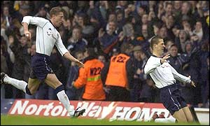 Steffen Freund and Christian Ziege celebrate the first goal