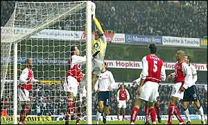 David Seaman claims the ball after Ashley Cole had cleared off the line