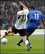 Fulham's Sean Davis cannot stop Birmingham striker Jovan Kirovski from scoring