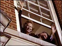 Margaret Thatcher celebrates at Downing Street