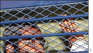 Maulana Masood Azhar, in police van at Lahore High Court March, 2002 