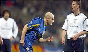 Leeds United's Danny Mills celebrates scoring the opening goal against Bolton Wanderers 