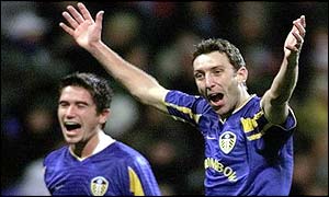 Jason Wilcox celebrates scoring Leeds third goal 