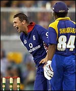 Harmison celebrates the wicket of Sangakkara
