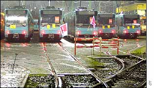 Trams with union flags in Frankfurt