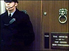 Policeman guarding entrance to London office of Ghana High Commission