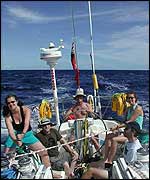 Anna Wardley (left) and crew sail in the Caribbean