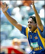 Chaminda Vaas appeals successfully for the wicket of Ronnie Irani
