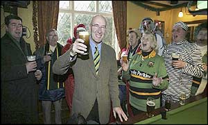 Northampton chairman Keith Barwell enjoys a pint prior to his side's game with Orrell