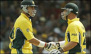 Hayden and Lehmann shake hands during their stand of 162 for the first wicket
