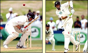 New Zealand batsmen Scott Styris and Robbie Hart bat and guide the Kiwis towards victory