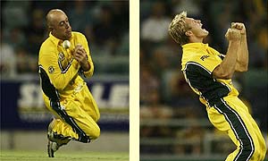 Australia's Darren Lehmann spills a catch and Shane Watson celebrates a wicket