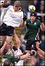 Hugh Vyvyan (left) jumps for the ball with London Irish's Chris Sheasby