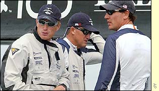OneWorld's James Spithill, Peter Gilmou and Ben Durham show their disappointment after defeat to Oracle