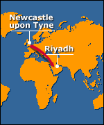 Map of distance between Newcastle and Riyadh