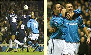 Steve Howey opens the scoring as Man City take a 1-0 lead and he is congratulated by Kevin Horlock