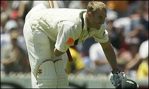 Hayden top-edges safely to fine leg to bring up his 12th Test century and third of the series