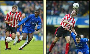 James Beattie battles for the ball with Chelsea's Desailly and John Terry