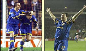 James Milner and Robbie Fowler celebrate goals for Leeds