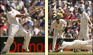 Nasser Hussain hits out for England but is soon caught by a diving Matthew Hayden