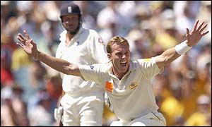 Brett Lee traps Robert Key lbw with an inswinging yorker