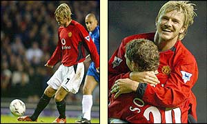 Manchester United's David Beckham chips the ball over Birmingham City keeper Nico Vaesen to score