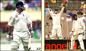 Robert Key leaves the pitch after scoring 52 before Adam Gilchrist jumps in the air after catching Craig White