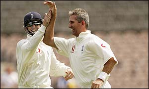 Andy Caddick celebrates the dismissal of Matthew Hayden