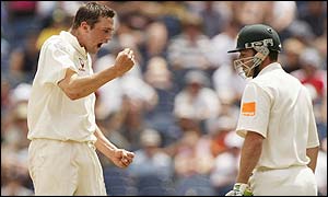 Steve Harmison of England celebrates the wicket of Damien Martyn