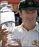 Steve Waugh holds the trophy at The Oval