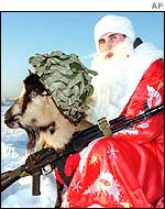 Russian soldier dressed as Father Christmas