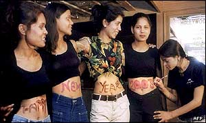 Women have their stomachs painted in Lucknow