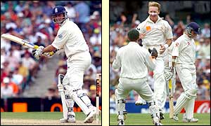 Marcus Trescothik hits out but is caught by Adam Gilchrist off the bowling of Andy Bichel for 19