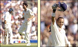 Nasser Hussain walks thanks to the bowling of Australia's Jason Gillespie but soon after Mark Butcher reaches his sixth Test century