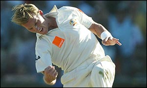 Brett Lee celebrates dismissing Mark Butcher