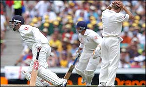 As John Crawley and Alec Stewart continue to score runs for England, Australian bowler Andy Bichel shows his frustration