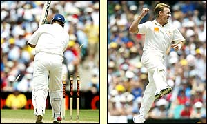 England stalwart Alec Stewart becomes the third highest Test run-scorer for England before Andy Bichel celebrates taking his wicket