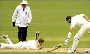 Australian wicketkeeper Adam Gilchrist stumps Matthew Hoggard to dismiss him for a duck