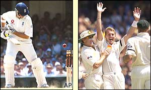 Marcus Trescothick is bowled for 22 to give a delighted Brett Lee his 100th Test wicket