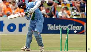 Rahul Dravid is bowled by Andre Adams, one of five wickets for the fast bowler